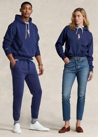 Marineblauer Ralph Lauren Fleece-Kapuzenpullover mit rosa Pony für Herren