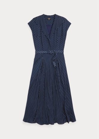 Marineblaues/cremefarbenes Ralph Lauren-Kleid aus gepunkteter Seide und Georgette für Damen
