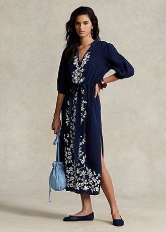Marineblaues Maxikleid aus Gaze mit Blumenstickerei für Damen von Ralph Lauren