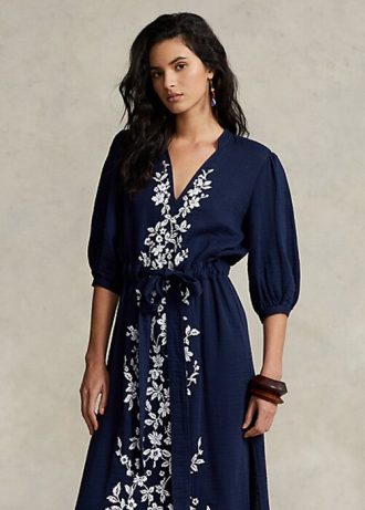 Marineblaues Maxikleid aus Gaze mit Blumenstickerei für Damen von Ralph Lauren