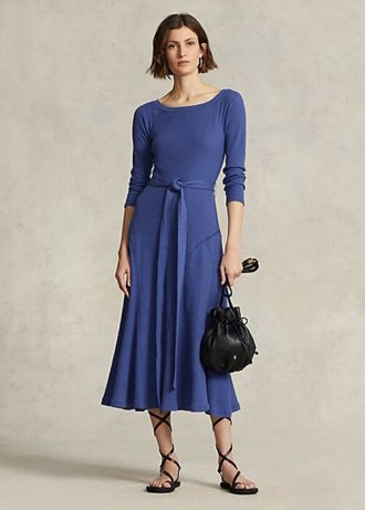 Marineblaues Midikleid aus Baumwolle mit U-Boot-Ausschnitt für Damen von Ralph Lauren