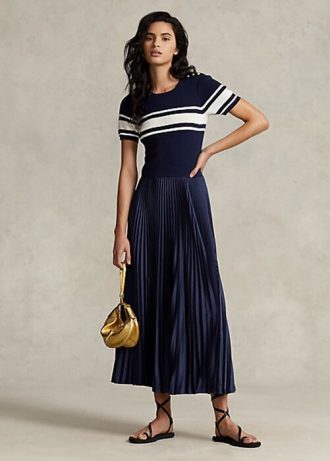 Marineblaues Ralph Lauren Hybrid-Plisseekleid für Damen