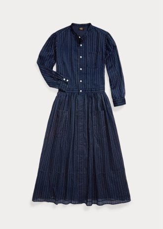 Marineblaues Ralph Lauren Indigo-Baumwoll-Voilekleid für Damen