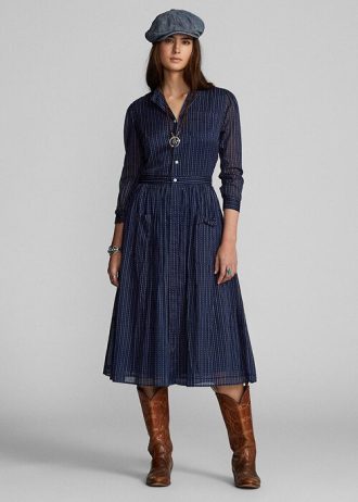 Marineblaues Ralph Lauren Indigo-Baumwoll-Voilekleid für Damen
