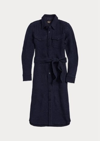 Marineblaues Ralph Lauren Kleid aus Wolle und Baumwolle mit Gürtel für Damen