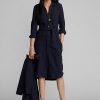 Marineblaues Ralph Lauren Kleid aus Wolle und Baumwolle mit Gürtel für Damen Marineblaues Ralph Lauren Kleid aus Wolle und Baumwolle mit Gürtel für Damen