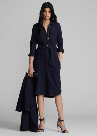 Marineblaues Ralph Lauren Kleid aus Wolle und Baumwolle mit Gürtel für Damen
