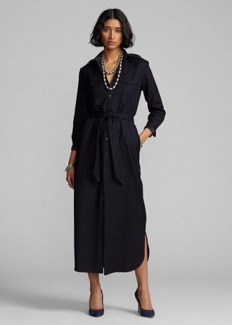 Marineblaues Ralph Lauren-Kleid aus Wollmischung mit Gürtel für Damen
