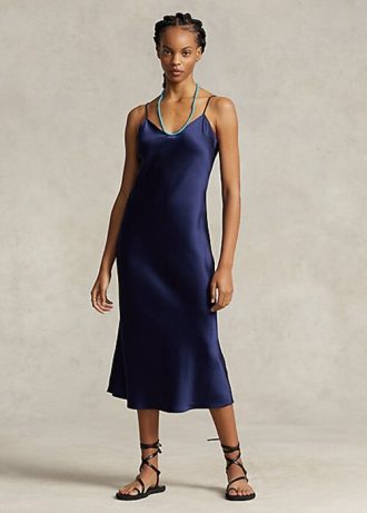 Marineblaues Ralph Lauren Midi-Unterkleid aus Maulbeerseide für Damen