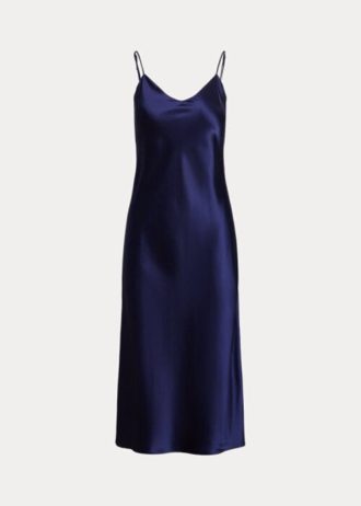 Marineblaues Ralph Lauren Midi-Unterkleid aus Maulbeerseide für Damen