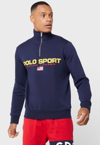 Marineblaues Ralph Lauren-Sweatshirt mit halbem Reißverschluss und Logo für Herren
