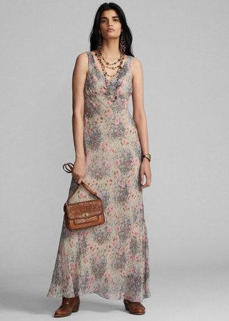 Mehrfarbig / Braunes Ralph Lauren Floral Knitter-Seidenchiffonkleid für Damen