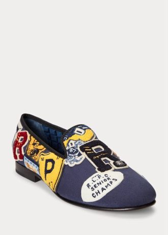 Marineblaue, mehrfarbige Herrenschuhe aus Segeltuch mit Logo-Patch von Ralph Lauren