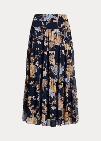 Mehrfarbige Ralph Lauren Georgette-Stufenröcke mit Blumenmuster in Crinkle-Optik für Damen