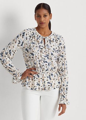 Mehrfarbige Ralph Lauren Jersey-Oberteile mit Blumenmuster und Schößchen zum Binden für Damen