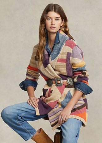 Mehrfarbige Ralph Lauren Schalpullover aus Leinenmischung mit Geo-Motiv für Damen