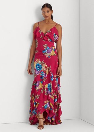 Mehrfarbiges, gestuftes Georgette-Kleid mit Blumenmuster von Ralph Lauren für Damen