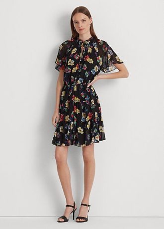 Mehrfarbiges Ralph Lauren Georgette-Kleid mit Blumenmuster für Damen