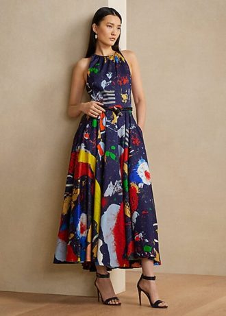 Mehrfarbiges Tageskleid aus Baumwollsatin mit Ralph Lauren Renshaw-Print für Damen