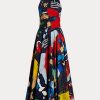 Mehrfarbiges Tageskleid aus Baumwollsatin mit Ralph Lauren Renshaw-Print für Damen Mehrfarbiges Tageskleid aus Baumwollsatin mit Ralph Lauren Renshaw-Print für Damen