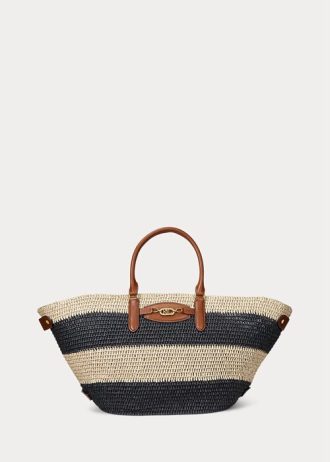 Natur/Schwarz/Lauren Tan Damen Ralph Lauren Striped Straw Medium Daphney Tote Bags