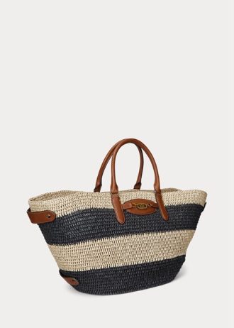 Natur/Schwarz/Lauren Tan Damen Ralph Lauren Striped Straw Medium Daphney Tote Bags