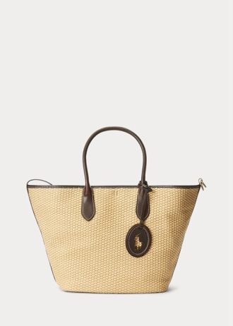Naturfarbene Damen Ralph Lauren Leather-Trim Straw Medium Bellport Tote Bags