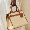 Naturfarbene Damenhandtasche Ralph Lauren Raffia & Kalbsleder Medium RL50
