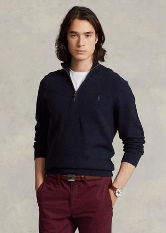 Navyblaue Ralph Lauren Pullover aus Baumwolle mit Viertelreißverschluss und Netzstrick für Herren Navyblaue Ralph Lauren Pullover aus Baumwolle mit Viertelreißverschluss und Netzstrick für Herren