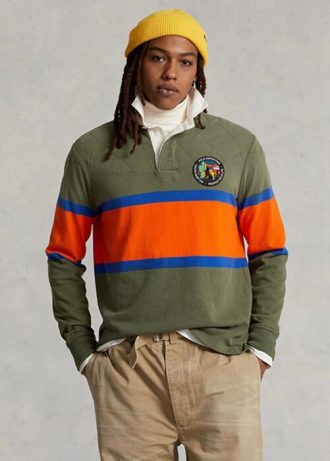 Olivgrüne gestreifte Rugby-Poloshirts von Ralph Lauren im Classic Fit für Herren Olivgrüne gestreifte Rugby-Poloshirts von Ralph Lauren im Classic Fit für Herren