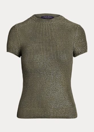Olivgrüne, kurzärmlige Pullover aus lackierter Seide von Ralph Lauren für Damen