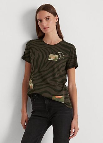 Olivgrüne Poloshirts aus Jersey mit Zebra-Print für Damen von Ralph Lauren Olivgrüne Poloshirts aus Jersey mit Zebra-Print für Damen von Ralph Lauren