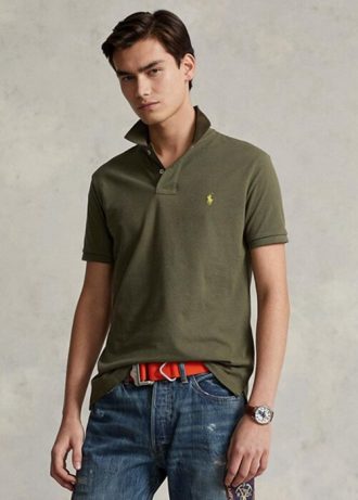 Olivgrüne Poloshirts aus Mesh für Herren von Ralph Lauren im Custom Slim Fit Olivgrüne Poloshirts aus Mesh für Herren von Ralph Lauren im Custom Slim Fit