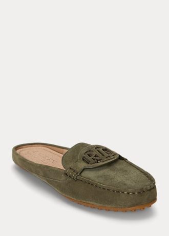 Olivgrüne Ralph Lauren Brynn Wildleder-Fahrer-Flachschuhe für Damen Olivgrüne Ralph Lauren Brynn Wildleder-Fahrer-Flachschuhe für Damen