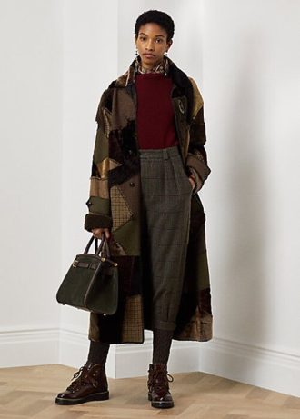 Olivgrüne Ralph Lauren Harmon Patchwork-Shearling-Mäntel für Damen Olivgrüne Ralph Lauren Harmon Patchwork-Shearling-Mäntel für Damen