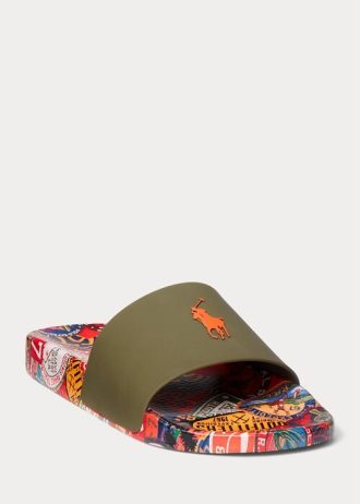 Olivgrüne Ralph Lauren Hausschuhe mit Patch-Print für Herren