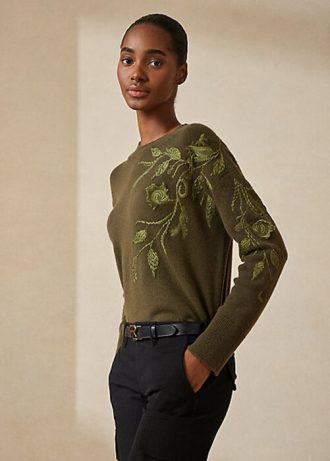Olivgrüne Ralph Lauren Kaschmirpullover mit Rundhalsausschnitt und Verzierung für Damen