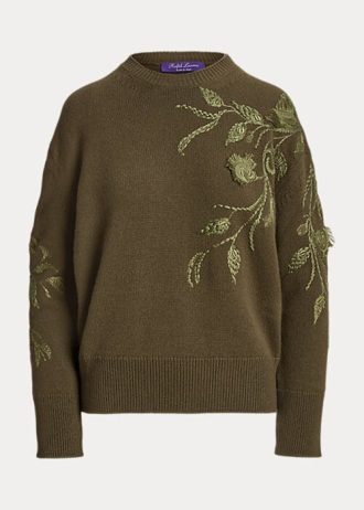 Olivgrüne Ralph Lauren Kaschmirpullover mit Rundhalsausschnitt und Verzierung für Damen