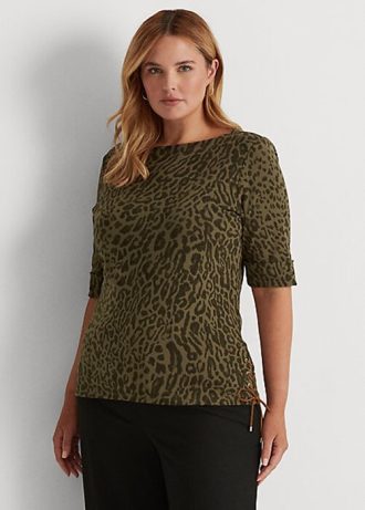 Olivgrüne Ralph Lauren-Oberteile aus Baumwolle mit U-Boot-Ausschnitt und Ozelot-Print für Damen