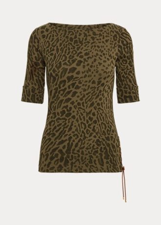 Olivgrüne Ralph Lauren-Oberteile aus Baumwolle mit U-Boot-Ausschnitt und Ozelot-Print für Damen