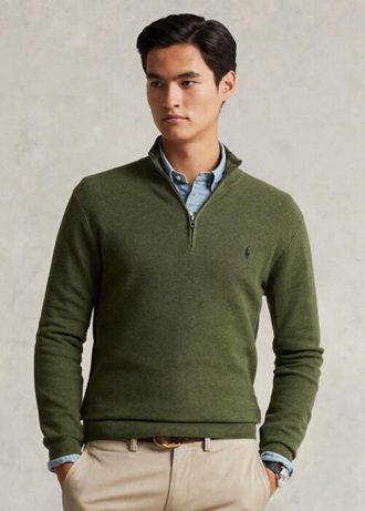 Olivgrüne Ralph Lauren Pullover aus Baumwolle mit Viertelreißverschluss und Netzstrick für Herren Olivgrüne Ralph Lauren Pullover aus Baumwolle mit Viertelreißverschluss und Netzstrick für Herren