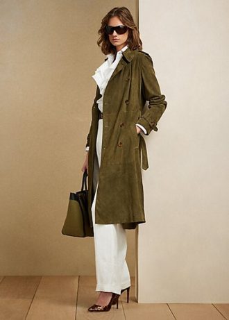 Olivgrüne Ralph Lauren Romilly Lamm-Wildledermäntel für Damen Olivgrüne Ralph Lauren Romilly Lamm-Wildledermäntel für Damen