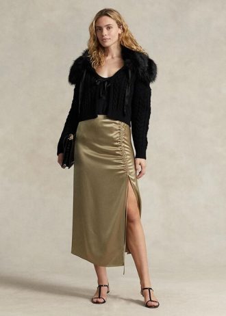 Olivgrüne Ralph Lauren Satinröcke mit gerüschtem Bindedetail für Damen
