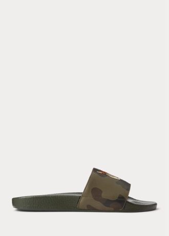 Olivgrüne Ralph Lauren Tiger Camo Leder-Hausschuhe für Herren