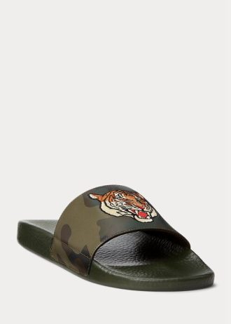 Olivgrüne Ralph Lauren Tiger Camo Leder-Hausschuhe für Herren