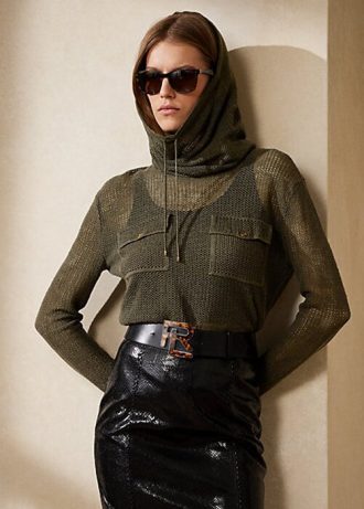 Olivgrüne Ralph Lauren Trichterhalspullover aus Seiden-Leinen-Mesh für Damen
