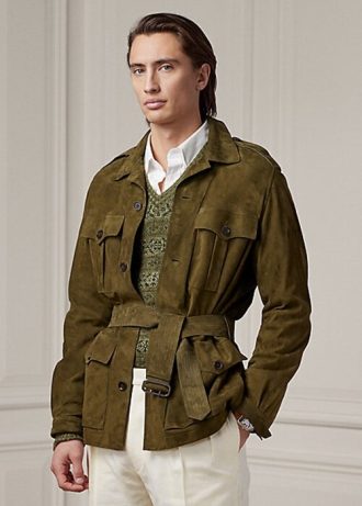 Olivgrüne Wildlederjacken mit Gürtel für Herren von Ralph Lauren