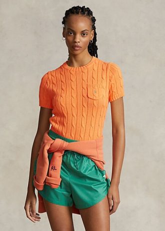 Orange Ralph Lauren Damen-Kurzarmpullover aus Baumwolle mit Zopfmuster