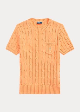 Orange Ralph Lauren Damen-Kurzarmpullover aus Baumwolle mit Zopfmuster