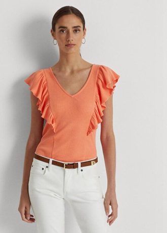 Orange Ralph Lauren T-Shirts aus Rippstrick mit Rüschenbesatz für Damen